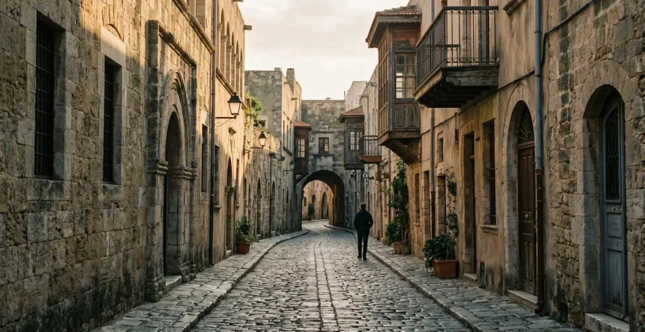 Ancient stone street winding through a historic European quarter with layered architectural eras visible in weathered facades