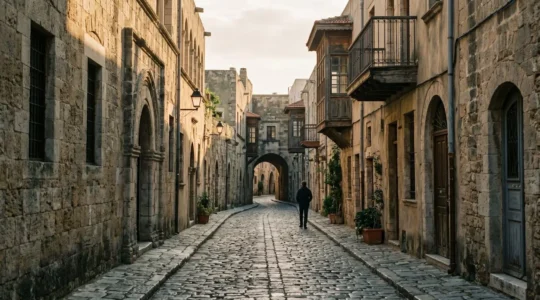 Ancient stone street winding through a historic European quarter with layered architectural eras visible in weathered facades