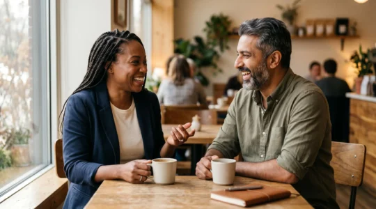 Two professionals engaged in genuine conversation over coffee in natural light setting