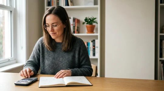 Person engaged in self-directed financial learning through books and digital resources