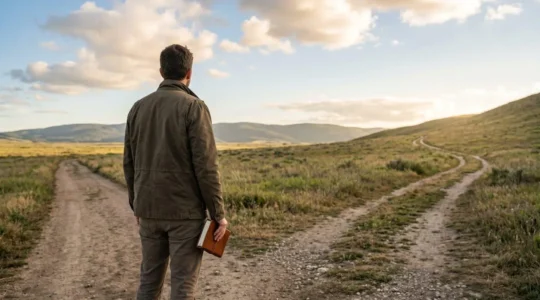 Person standing at a crossroads between habitual patterns and new pathways of transformation