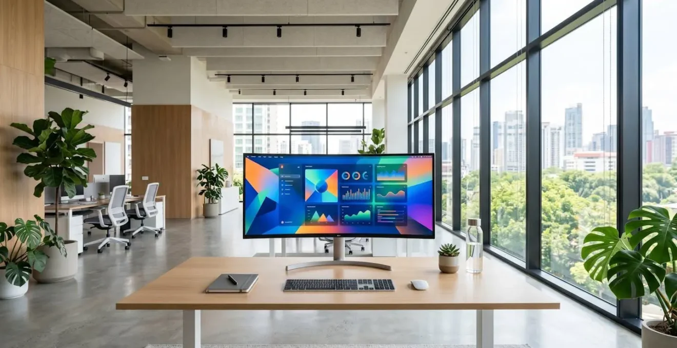 Wide-angle view of a bright minimalist workspace with a large monitor displaying colourful dashboard interface and clean desk setup