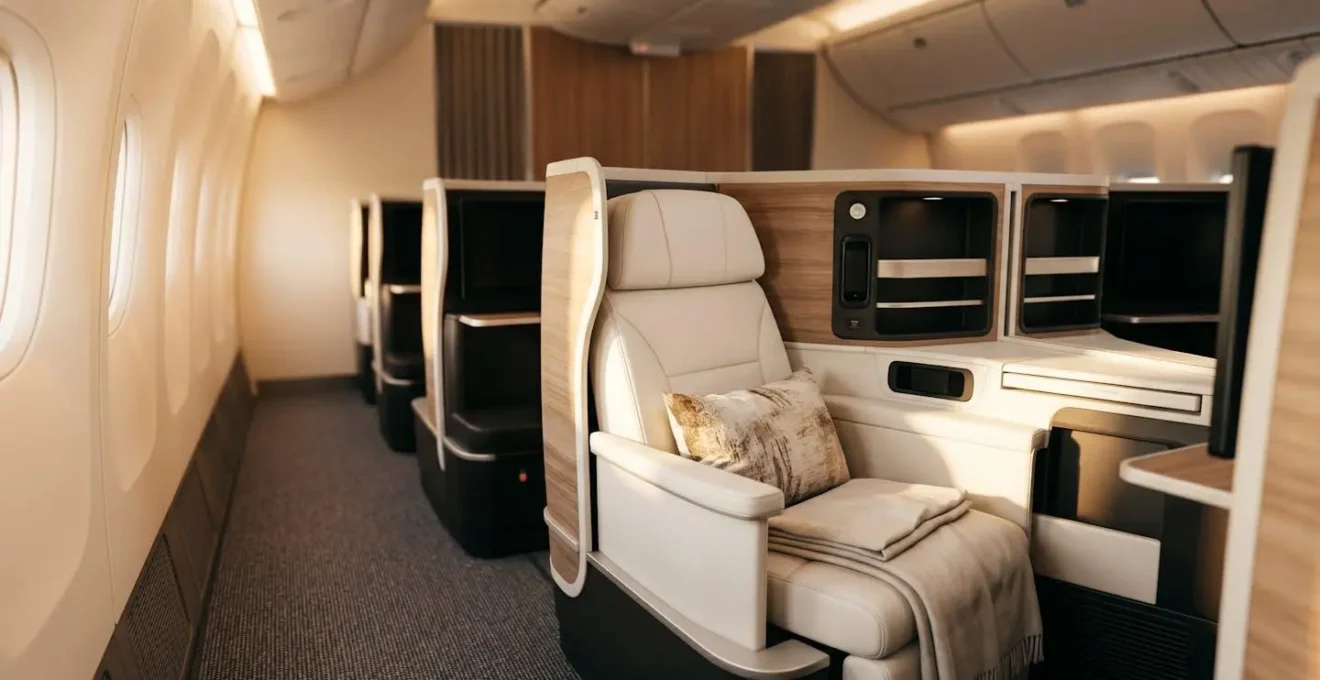 Luxurious business class cabin with lie-flat seats in warm ambient lighting