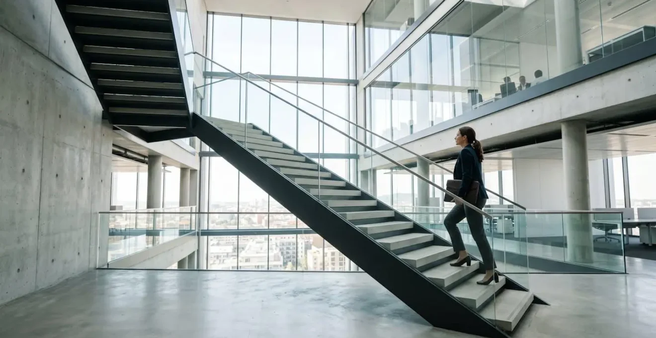 Professional ascending modern career pathway with strategic momentum