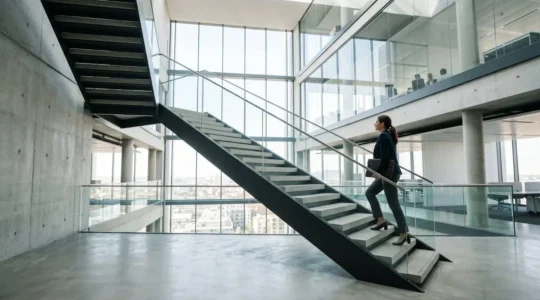 Professional ascending modern career pathway with strategic momentum