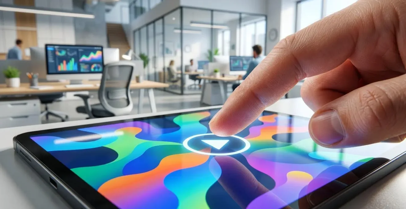 Extreme close-up of an index finger about to tap a play button icon on a tablet screen displaying a colourful animated data chart