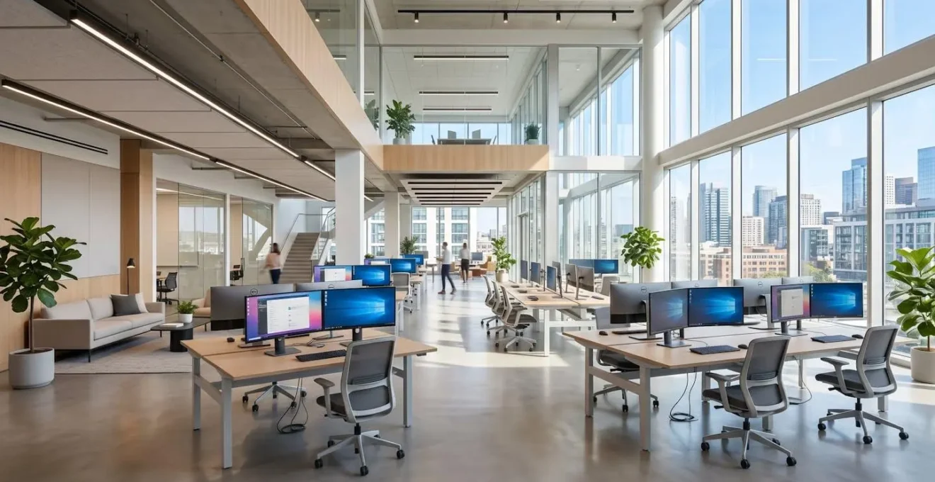 Wide angle view of modern collaborative office workspace with multiple workstations and monitors in bright contemporary interior with natural window light
