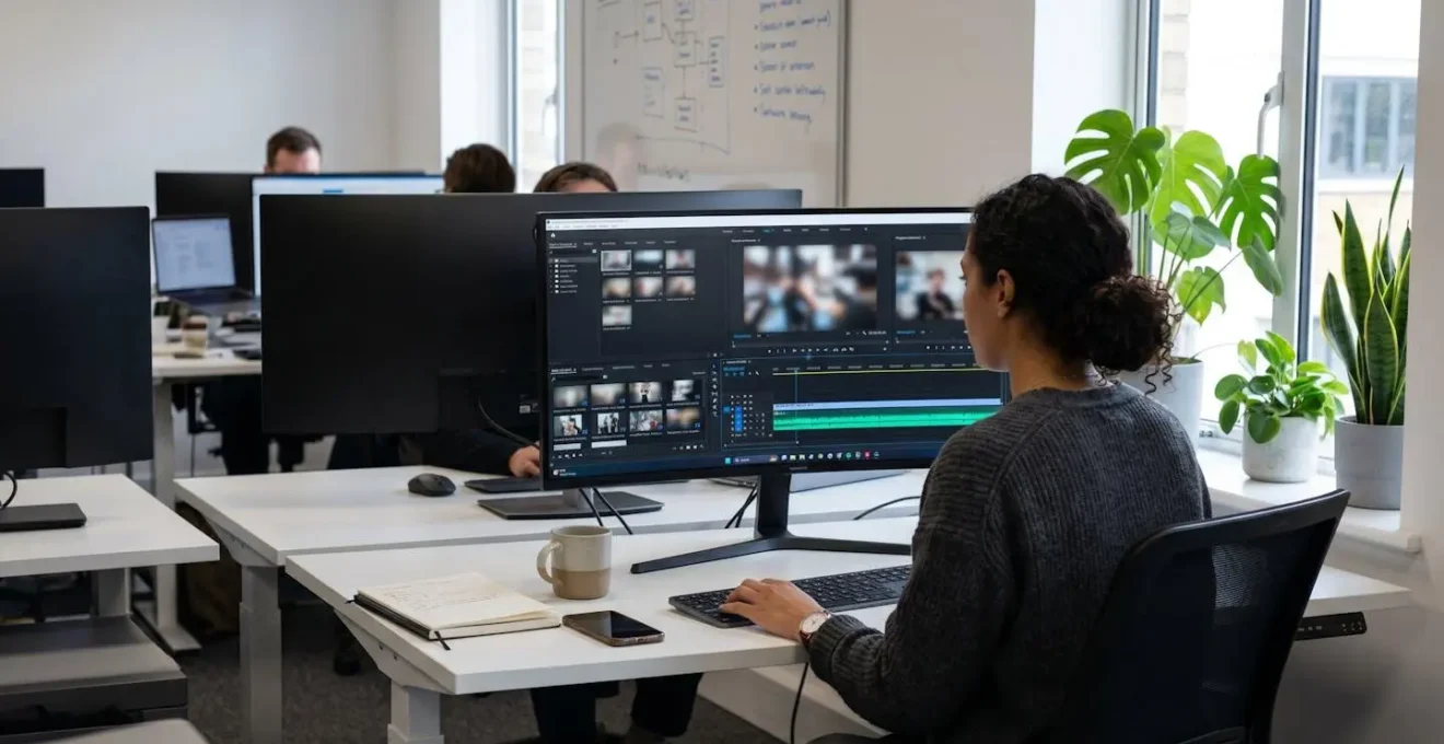 A marketing professional reviews video content on a modern laptop in a bright contemporary office space