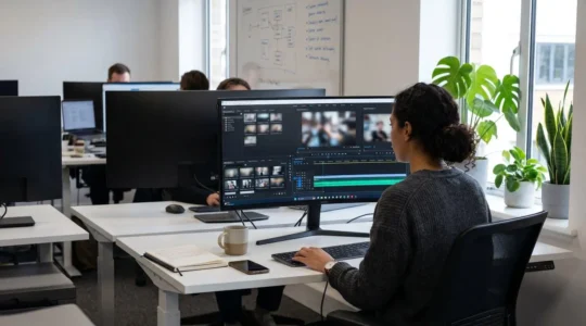 A marketing professional reviews video content on a modern laptop in a bright contemporary office space