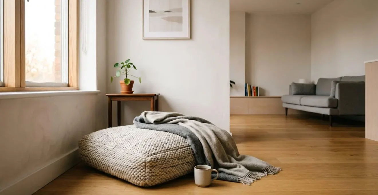 A serene corner of a shared living space transformed into a personal sanctuary with soft natural lighting and calming elements