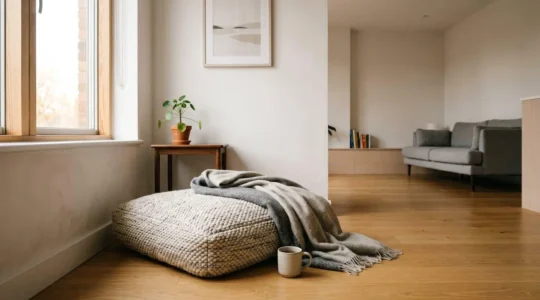A serene corner of a shared living space transformed into a personal sanctuary with soft natural lighting and calming elements