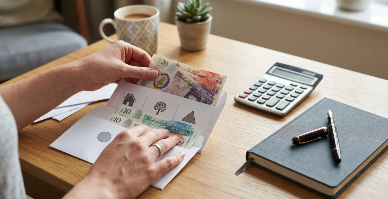 Person reviewing financial documents with calculator and organized bills showing debt repayment planning
