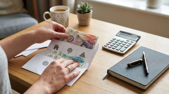 Person reviewing financial documents with calculator and organized bills showing debt repayment planning