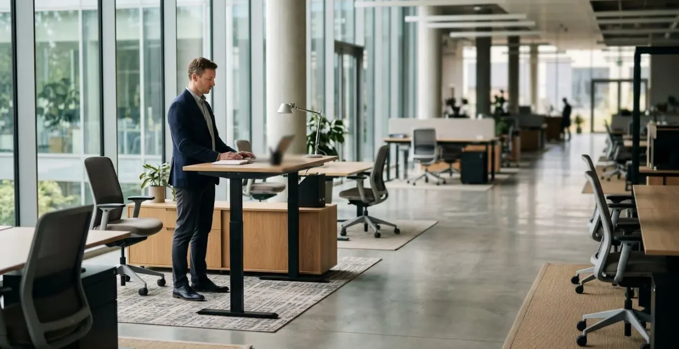 Office professional engaging in subtle movement at modern workspace