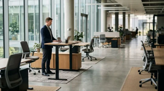 Office professional engaging in subtle movement at modern workspace