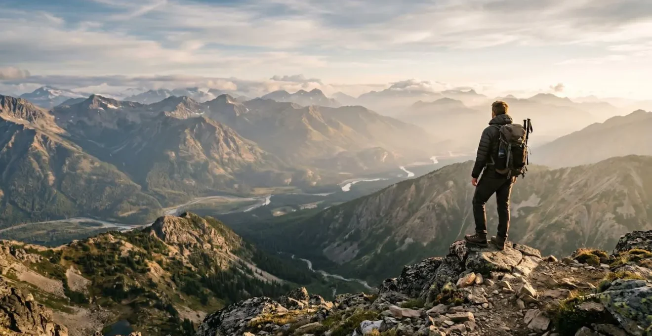 Wide panoramic view of an undiscovered mountainous landscape with a lone traveler overlooking untouched valleys at golden hour