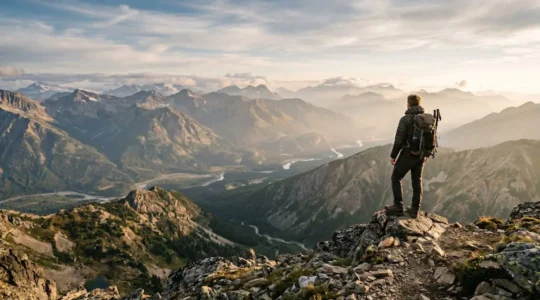 Wide panoramic view of an undiscovered mountainous landscape with a lone traveler overlooking untouched valleys at golden hour