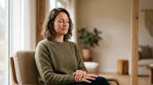 A person experiencing emotional regulation and balance in a peaceful moment