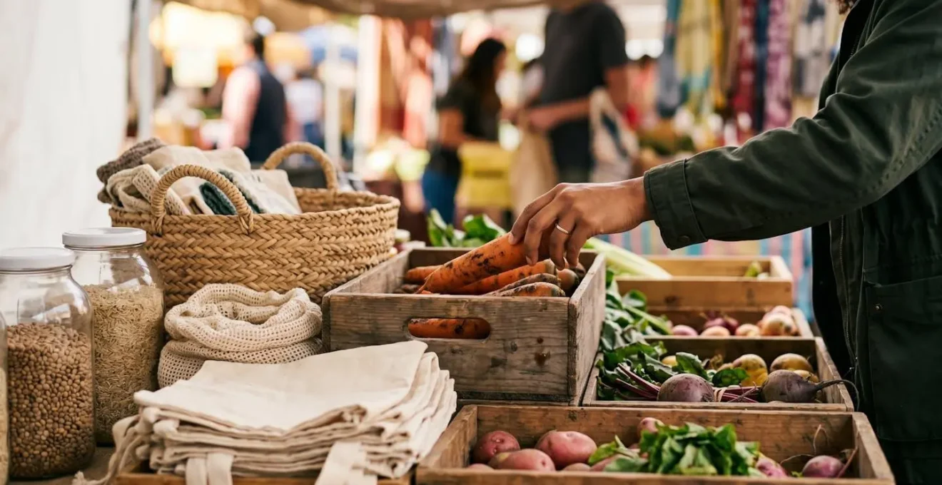 A hand carefully selecting fresh produce at a local market stall with minimal packaging visible in soft natural lighting