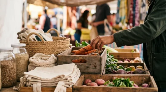 A hand carefully selecting fresh produce at a local market stall with minimal packaging visible in soft natural lighting