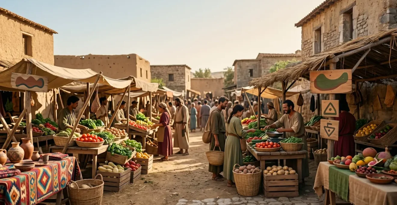 Authentic local marketplace scene showing sustainable travel choices