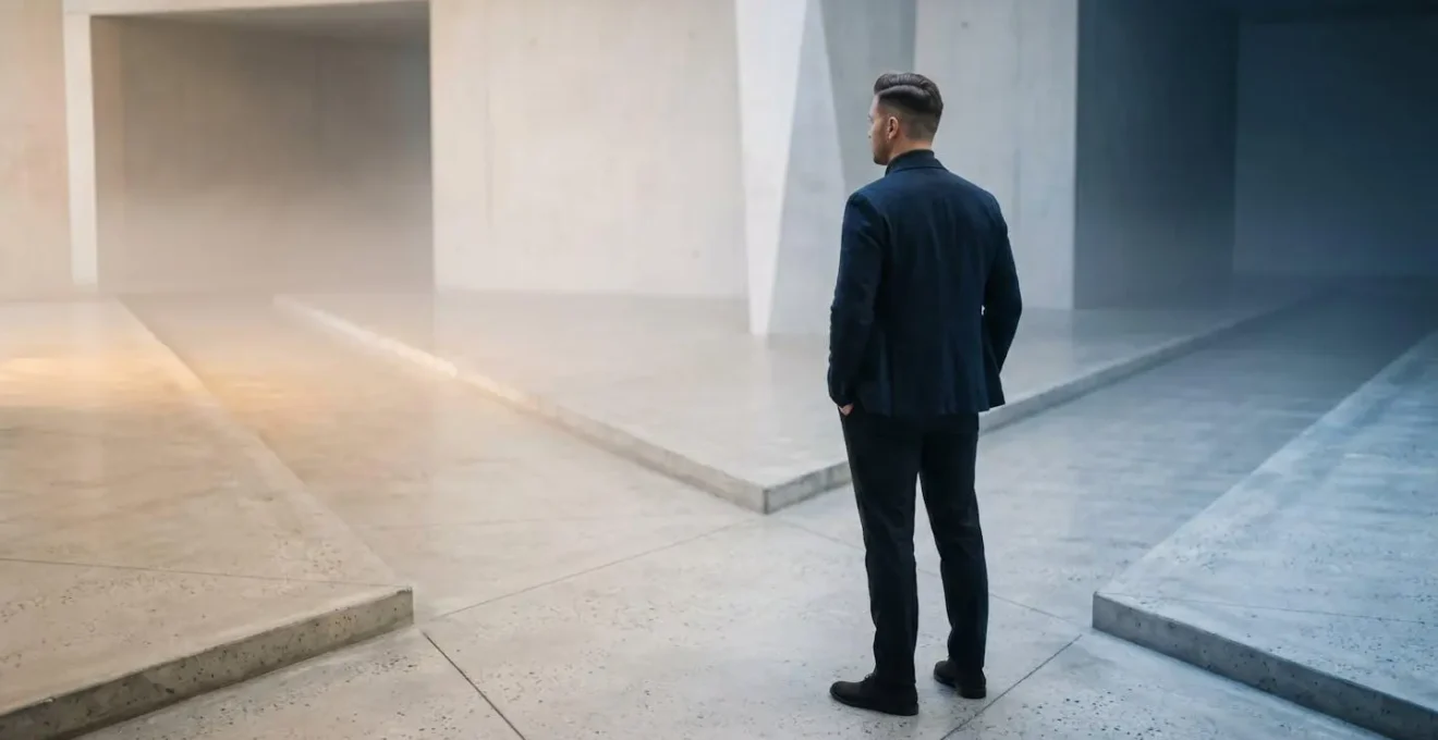 Person standing at a financial crossroads contemplating major decision under pressure