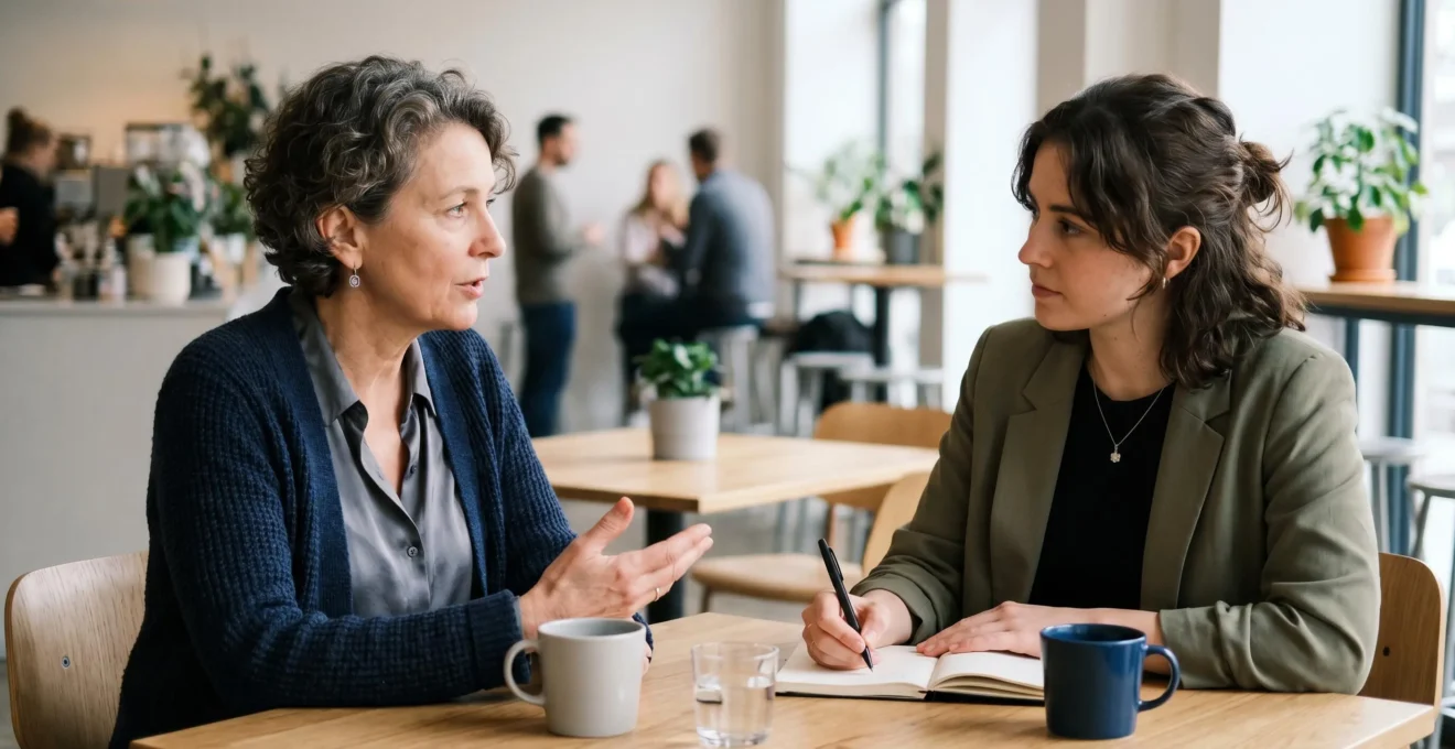 Professional mentor and mentee engaged in strategic career discussion in modern office setting
