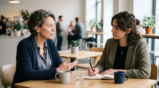 Professional mentor and mentee engaged in strategic career discussion in modern office setting