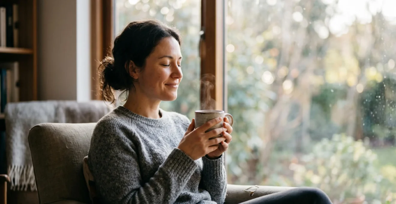 A person savoring their morning coffee in peaceful solitude, capturing the essence of finding joy in everyday rituals