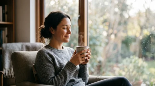 A person savoring their morning coffee in peaceful solitude, capturing the essence of finding joy in everyday rituals