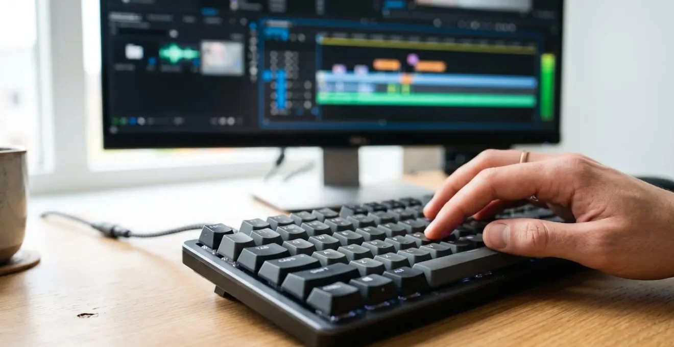Extreme close-up of hands typing on modern keyboard with video editing timeline visible on blurred monitor screen in background
