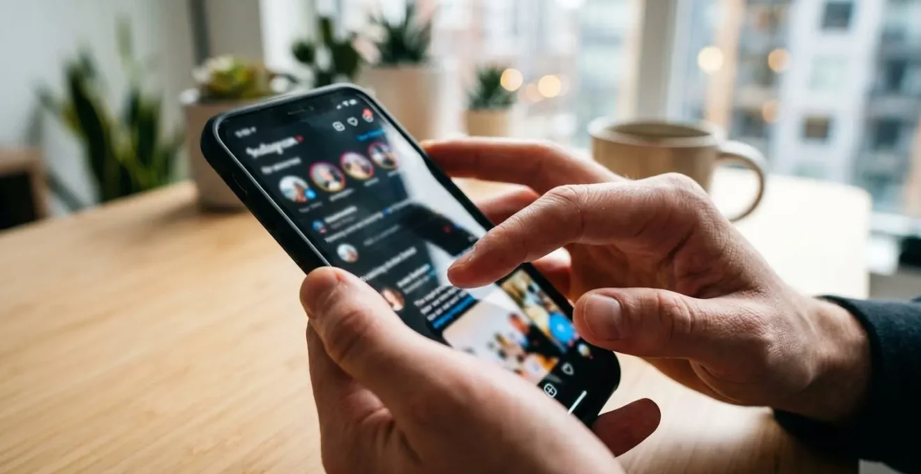 Extreme close-up of hands holding a smartphone displaying a social media video feed on a modern desk