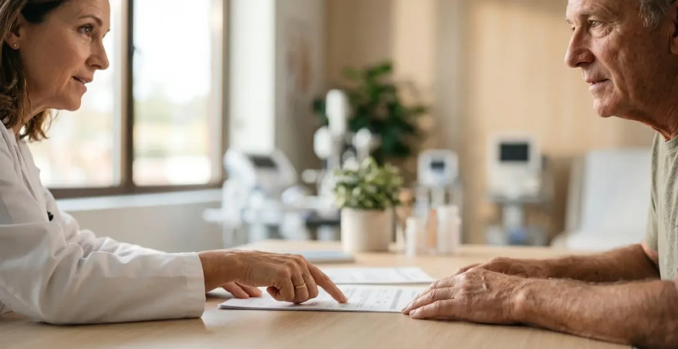 Healthcare professional reviewing medical charts with patient in modern clinical setting