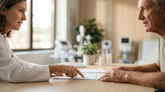 Healthcare professional reviewing medical charts with patient in modern clinical setting