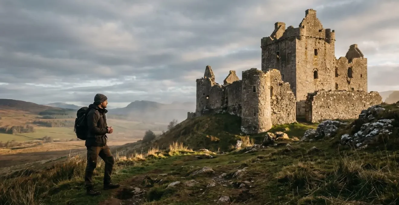 A solitary figure standing contemplatively before an ancient British castle ruin at golden hour, surrounded by weathered stone walls