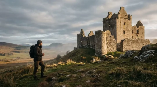 A solitary figure standing contemplatively before an ancient British castle ruin at golden hour, surrounded by weathered stone walls