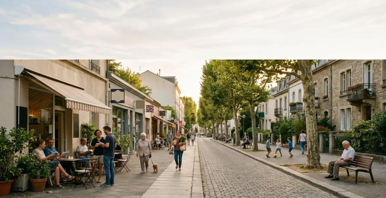 Wide urban street scene capturing authentic local life in a residential neighborhood away from tourist zones