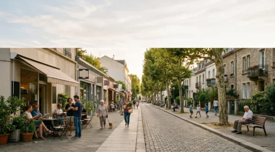 Wide urban street scene capturing authentic local life in a residential neighborhood away from tourist zones