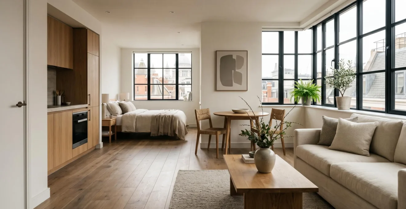 A bright, well-designed small London flat interior showcasing open space and thoughtful furniture arrangement