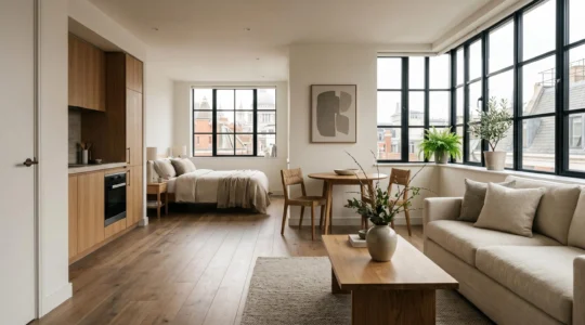 A bright, well-designed small London flat interior showcasing open space and thoughtful furniture arrangement