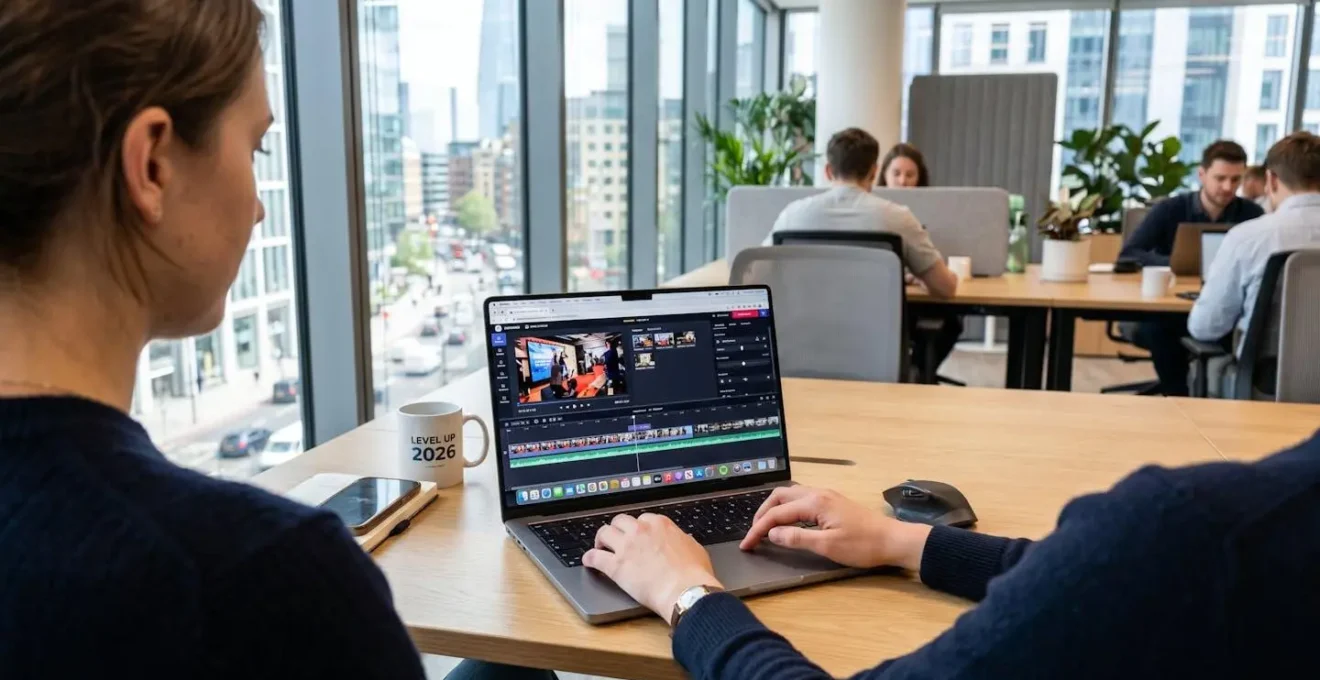 Marketing professional working on laptop in bright modern office, viewed from over-shoulder angle showing browser-based video editing timeline interface