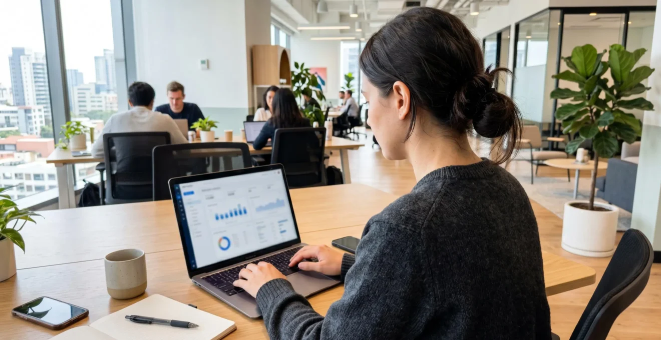 A marketing professional reviews video content analytics on a laptop screen in a bright modern office