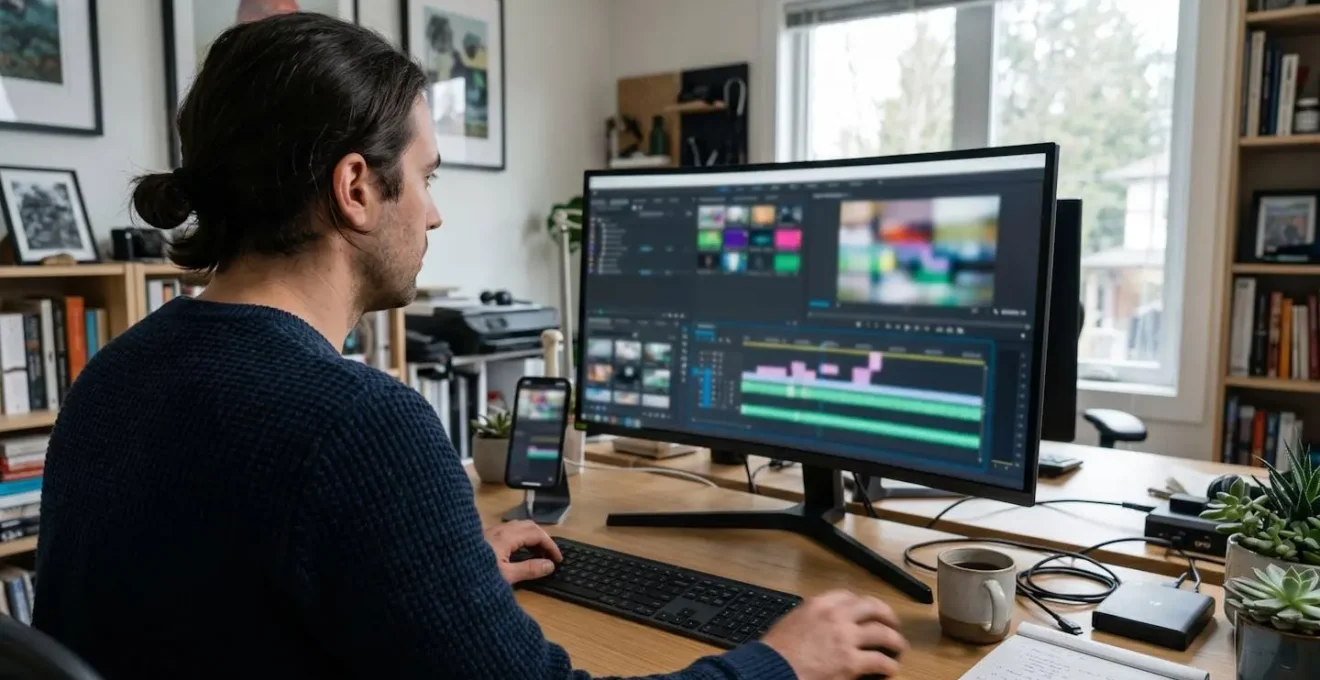 Marketing professional reviewing video timeline on laptop screen in contemporary office workspace