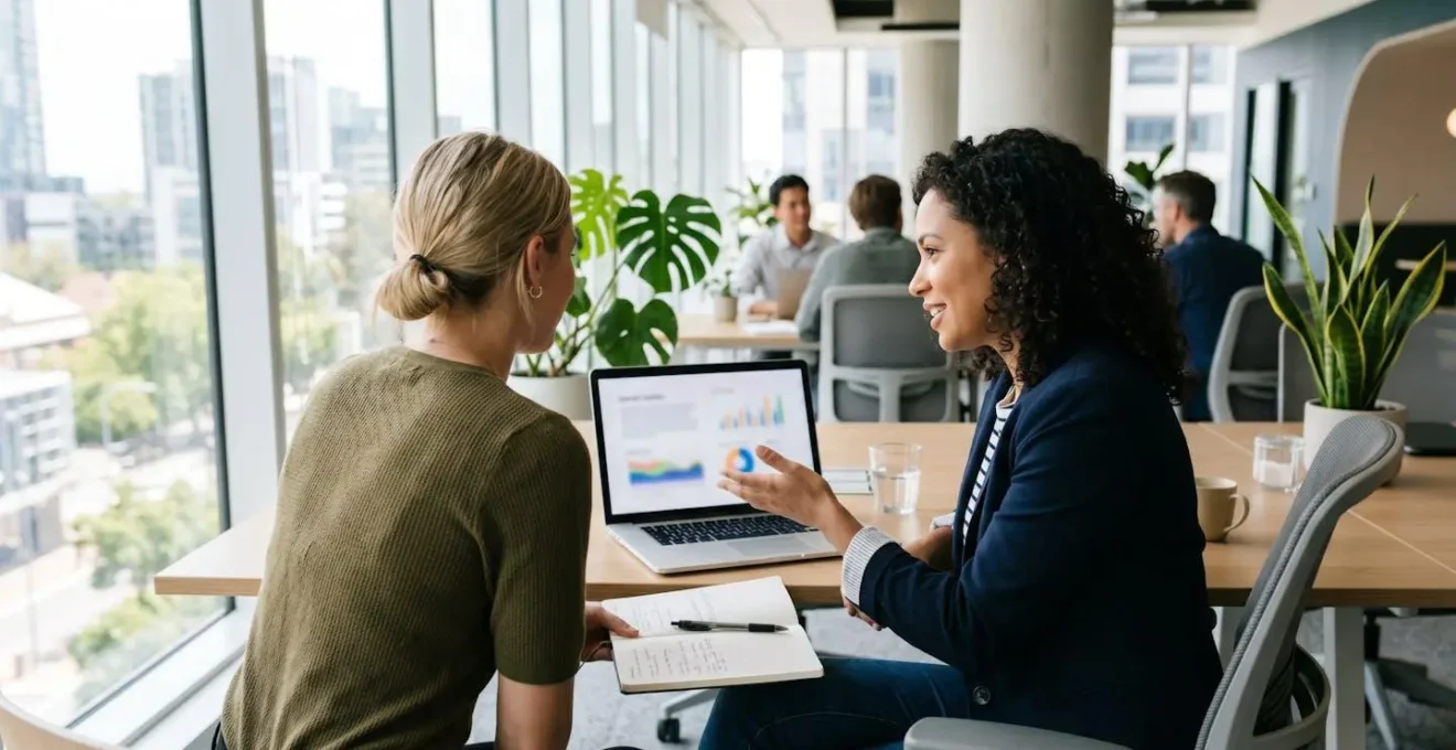 Two marketing professionals reviewing colourful data visualisations on a laptop screen in a bright contemporary office space