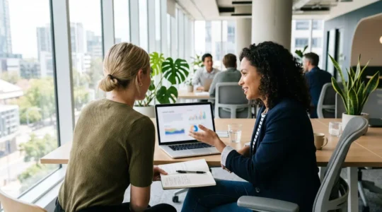 Two marketing professionals reviewing colourful data visualisations on a laptop screen in a bright contemporary office space
