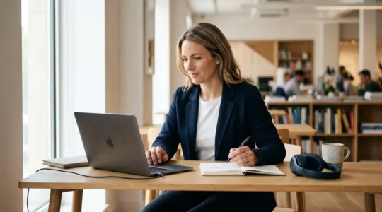 Mid-career professional engaged in digital learning and skill development in a modern workspace
