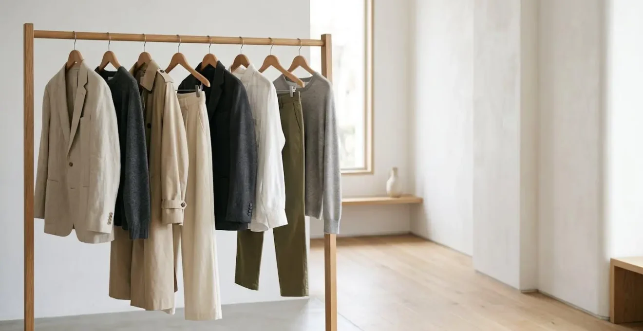 A curated minimalist wardrobe showcasing versatile clothing pieces hung in an organized manner, demonstrating the capsule wardrobe concept