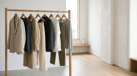 A curated minimalist wardrobe showcasing versatile clothing pieces hung in an organized manner, demonstrating the capsule wardrobe concept