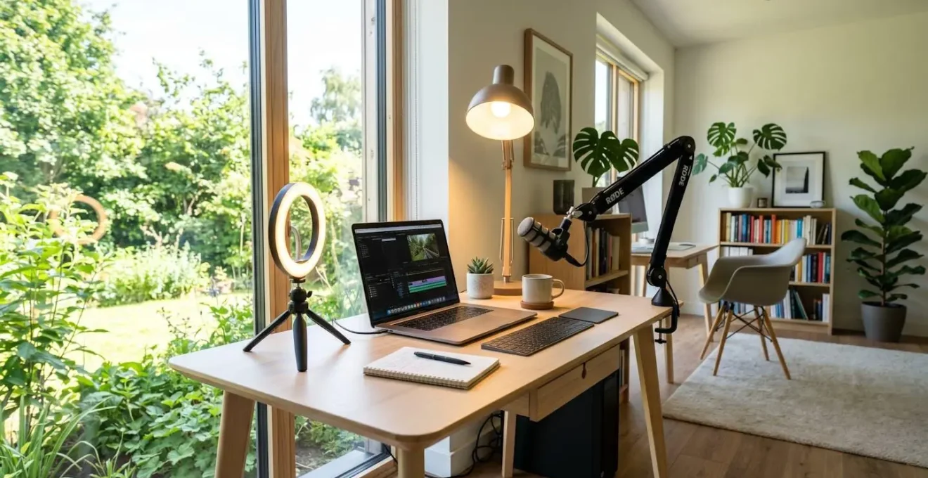 A clean, modern home office workspace with laptop, small ring light, and microphone arranged on a desk near a bright window