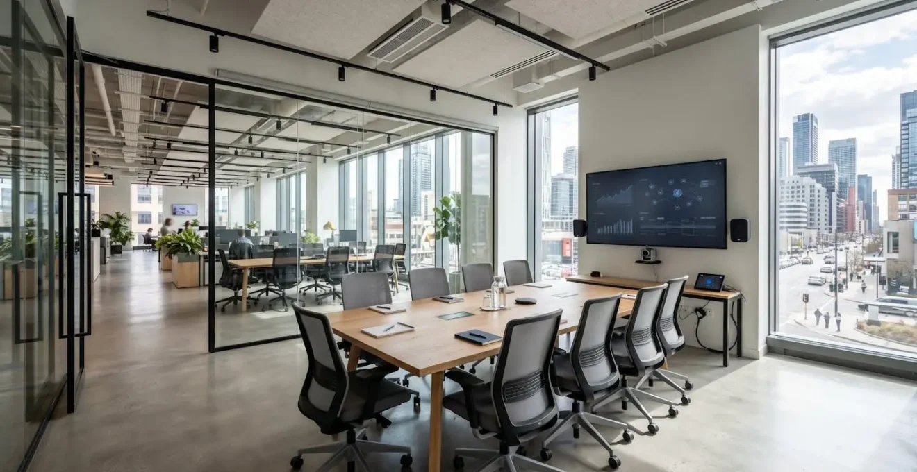 A contemporary conference room with a large display screen in a bright, naturally-lit workspace